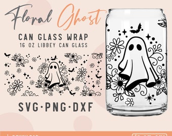 Floral Ghost SVG: Libbey Glass Can Wrap, Halloween (Digital File)