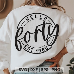 Hello Forty SVG、40歳の誕生日SVG、誕生日シャツSVG、お誕生日おめでとうSVG、40歳の誕生日SVG、Est 1985 SVG、40歳SVG、cricut用のSVGファイル