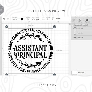 May include: A digital design preview for an Assistant Principal. The design features the words "Assistant Principal" in a bold font, surrounded by a circular design with words like "compassionate" and "caring". The design is on a grid background.