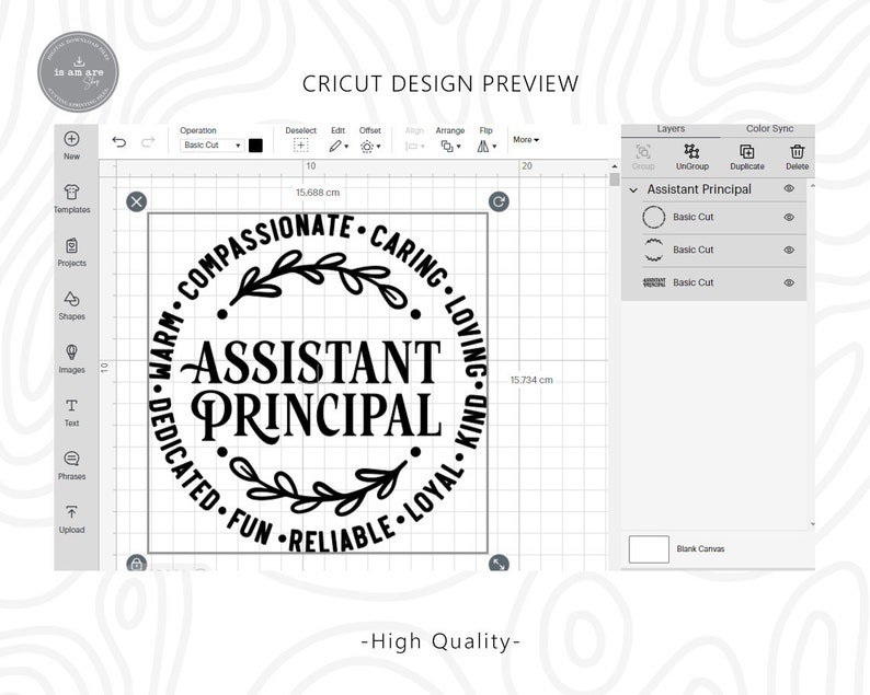 May include: A digital design preview for an Assistant Principal. The design features the words "Assistant Principal" in a bold font, surrounded by a circular design with words like "compassionate" and "caring". The design is on a grid background.