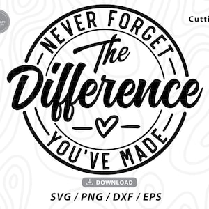 May include: Black and white graphic design with a circle and the text "Never Forget The Difference You've Made" with a heart in the centre.