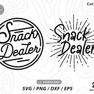 May include: Two black and white designs for a "Snack Dealer" logo. One design features the text in a circle with a double outline. The other design features the text with a sunburst behind it.