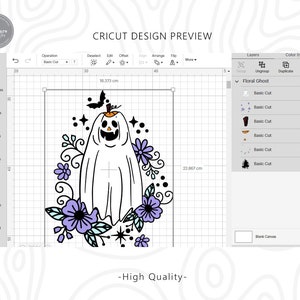 May include: A Cricut design preview featuring a floral ghost illustration. The design includes a white ghost with a pumpkin head, surrounded by purple flowers and black accents. The text "High Quality" is at the bottom.
