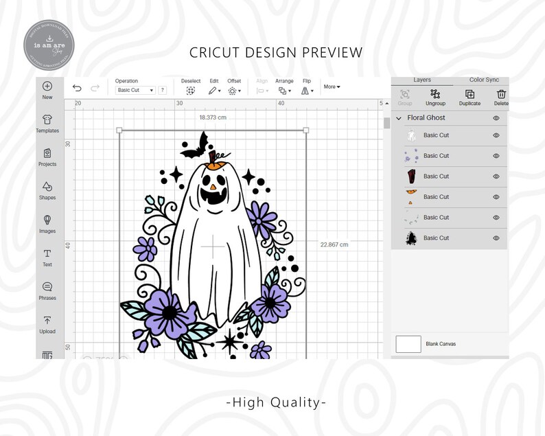 May include: A Cricut design preview featuring a floral ghost illustration. The design includes a white ghost with a pumpkin head, surrounded by purple flowers and black accents. The text "High Quality" is at the bottom.