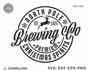 May include: Black and white illustration of a circular logo with the text "North Pole Brewing Co. Est. 1824 Premium Christmas Spirits" and a silhouette of a reindeer jumping.
