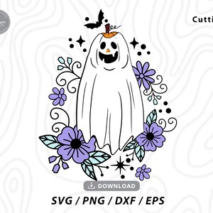 May include: A white ghost illustration with a pumpkin head, surrounded by purple flowers and leaves. A black bat and stars are also included in the design. The image includes the text "Cutting" and "SVG / PNG / DXF / EPS".