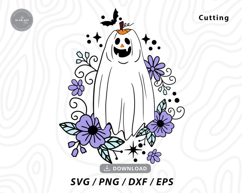May include: A white ghost illustration with a pumpkin head, surrounded by purple flowers and leaves. A black bat and stars are also included in the design. The image includes the text "Cutting" and "SVG / PNG / DXF / EPS".