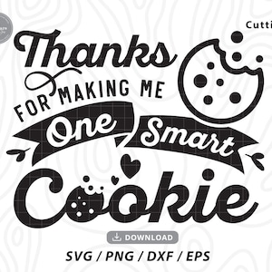 Pode incluir: Design gráfico preto e branco com o texto "Obrigado por me fazer um biscoito inteligente" e um biscoito com uma mordida.