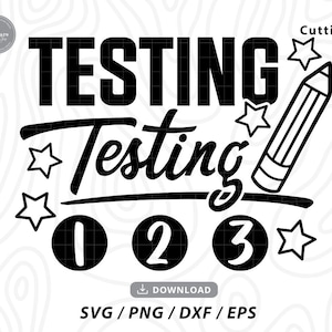 Puede incluir: Diseño gráfico en blanco y negro con el texto "TESTING Testing 023" y un lápiz con estrellas.