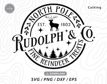 May include: Black and white circular design with the text "NORTH POLE" and "RUDOLPH & CO." A reindeer silhouette is in the center, with the text "FINE REINDEER TREATS" around the bottom. The design includes the text "EST. 1802".