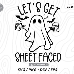 May include: A black and white graphic of a ghost holding two beer mugs, with the text "LET'S GET SHEET FACED". Bats are depicted above the ghost. The image includes a download button.
