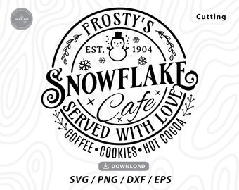 May include: Black and white illustration of a logo for a cafe called "Frosty's Snowflake Cafe". The logo features a snowman, snowflakes, and the text "Served with Love" and "Coffee, Cookies, Hot Cocoa".