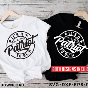 May include: Two t-shirt designs with a black and white graphic that says "It's a great day to be a Patriot" in a circle with stars. The text is in a vintage style font.