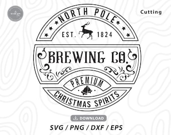 May include: Black and white logo design for a brewery called "North Pole Brewing Co." with a reindeer, bells, and the text "Premium Christmas Spirits".