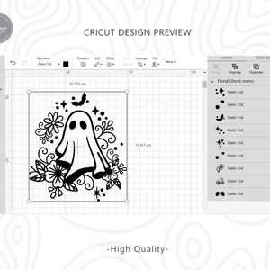 May include: Black and white digital design of a ghost with floral details. The design is for a Cricut cutting machine.