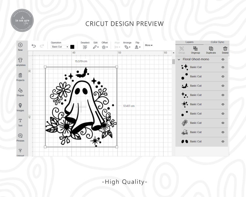 May include: Black and white digital design of a ghost with floral details. The design is for a Cricut cutting machine.