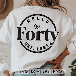 Hello Forty SVG、40歳の誕生日SVG、誕生日シャツSVG、お誕生日おめでとうSVG、40歳の誕生日SVG、Est 1985 SVG、40歳SVG、cricut用のSVGファイル