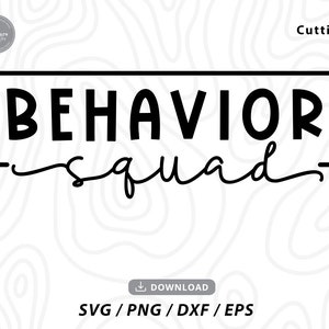 Könnte beinhalten: Schwarz-weißes Grafikdesign mit dem Text "Behavior Squad" in fetter Schrift. Der Text "Behavior" ist in einem schwarzen Rechteck eingeschlossen.