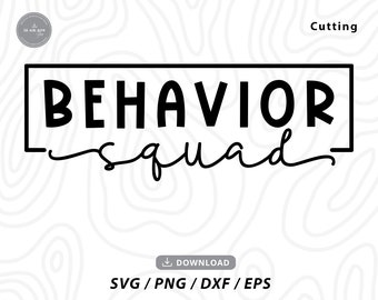 Könnte beinhalten: Schwarz-weißes Grafikdesign mit dem Text "Behavior Squad" in fetter Schrift. Der Text "Behavior" ist in einem schwarzen Rechteck eingeschlossen.