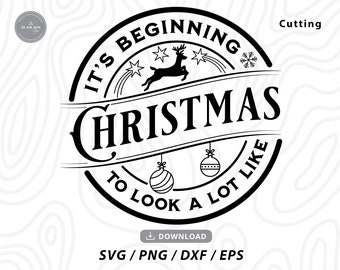 May include: Black and white graphic design with a circular border and the text "It's Beginning to Look a Lot Like Christmas". The design features a reindeer, snowflakes, and Christmas ornaments.
