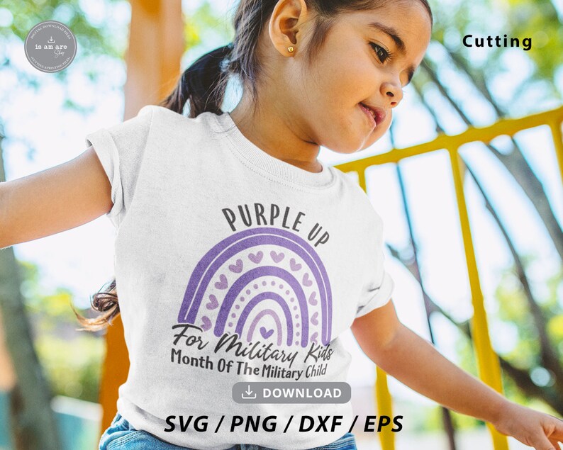 May include: A white t-shirt with a purple rainbow design and the text "Purple Up For Military Kids Month Of The Military Child".