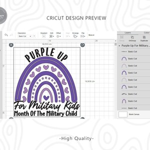 May include: Purple Up For Military Kids Month Of The Military Child design featuring a rainbow and hearts. The design is in purple and white.