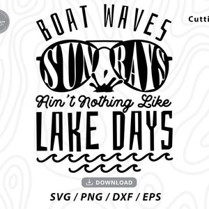Op de afbeelding: Zwart-wit grafisch ontwerp met de tekst "BOAT WAVES SUNRAYS Ain't Nothing Like LAKE DAYS" met een zonnebril en golvende lijnen eronder. De tekst "Cutting" staat in de rechterbovenhoek.