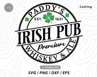 May include: Black and white logo design for Paddy's Irish Pub, established in 1631. The logo features a shamrock, the words "Paddy's Irish Pub", and "Premium Whiskey & Ale".