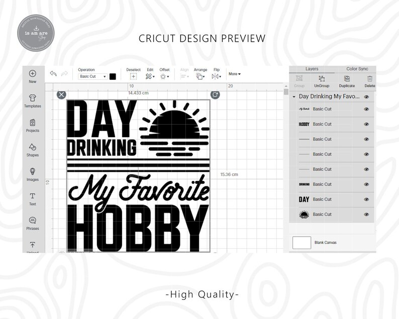 Puede incluir: Dise&ntilde;o en blanco y negro para una m&aacute;quina de corte Cricut. El dise&ntilde;o dice "Day Drinking My Favorite Hobby" con un gr&aacute;fico de puesta de sol.