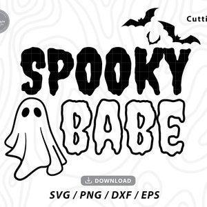 May include: Black and white digital design featuring the text "Spooky Babe" with a ghost and bats. The text has a dripping effect.