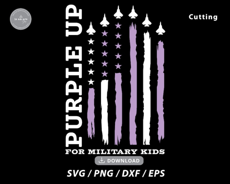 May include: Purple Up for Military Kids design featuring a distressed American flag with purple stripes. The flag is surrounded by white silhouettes of fighter jets.