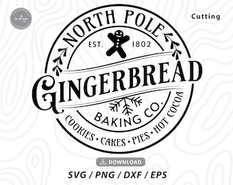 Op de afbeelding: Zwart-wit grafisch ontwerp van een cirkelvormig logo met de tekst "North Pole Gingerbread Baking Co." en de tekst "EST. 1802" in de cirkel. Het logo bevat ook een peperkoekman, een sneeuwvlok en een takje hulst.