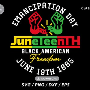 May include: A graphic design for Juneteenth, a holiday celebrating the emancipation of enslaved African Americans. The design features a red, yellow, and green color scheme, with the words "Emancipation Day", "Juneteenth", "Black American Freedom", and "June 19th 1865".