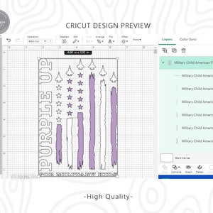 May include: Purple Up for Military Kids design featuring a purple, white and blue American flag with stars and fighter jets. The design is on a white background with a grid.