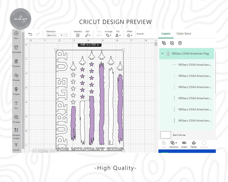 May include: Purple Up for Military Kids design featuring a purple, white and blue American flag with stars and fighter jets. The design is on a white background with a grid.