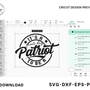 May include: A black and white design for a Cricut cutting machine. The design is a circle with the text "It's a great day to be a Patriot" inside. The design is 6.2 inches by 4.71 inches.