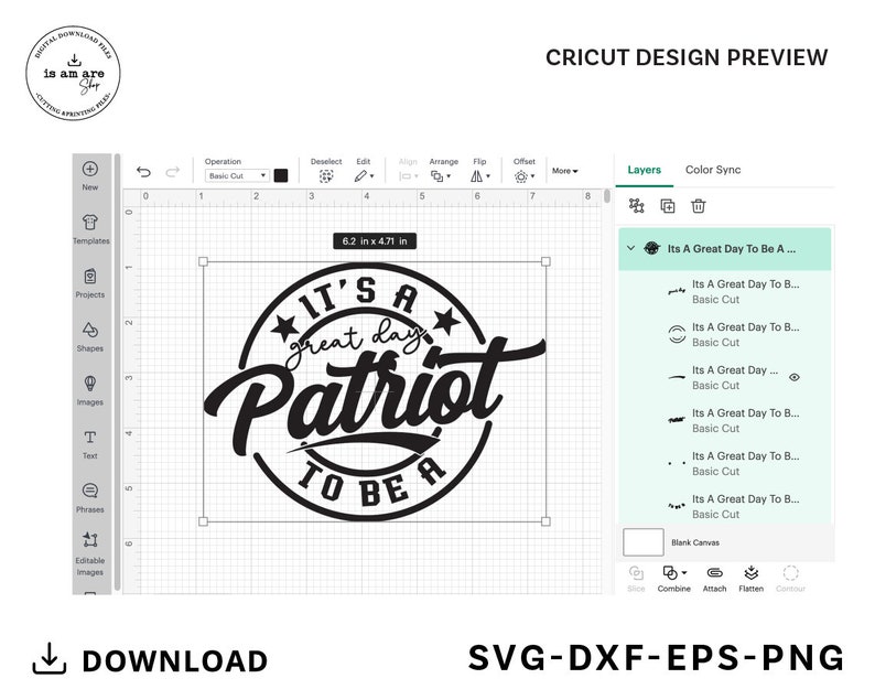 May include: A black and white design for a Cricut cutting machine. The design is a circle with the text "It's a great day to be a Patriot" inside. The design is 6.2 inches by 4.71 inches.