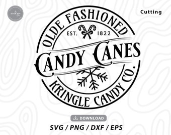 May include: Black and white logo design for a candy cane company called "Olde Fashioned Candy Canes Kringle Candy Co." with the text "Est. 1822" and a snowflake graphic.