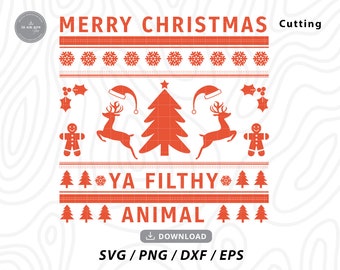Könnte beinhalten: Rotes und weißes Weihnachtsdesign mit dem Text "Frohe Weihnachten" und "Ya Filthy Animal".