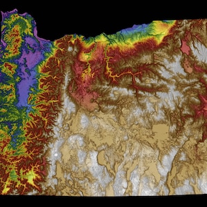 May include: A topographic map of the state of Oregon, showing the elevation changes in shades of purple, blue, green, yellow, orange, and red.