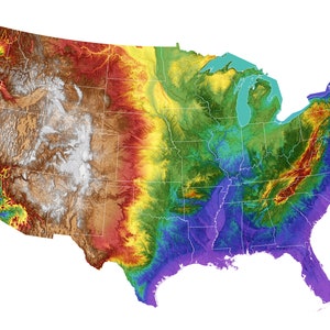 USA Color Elevation Map (Contiguous States) with State Boundaries