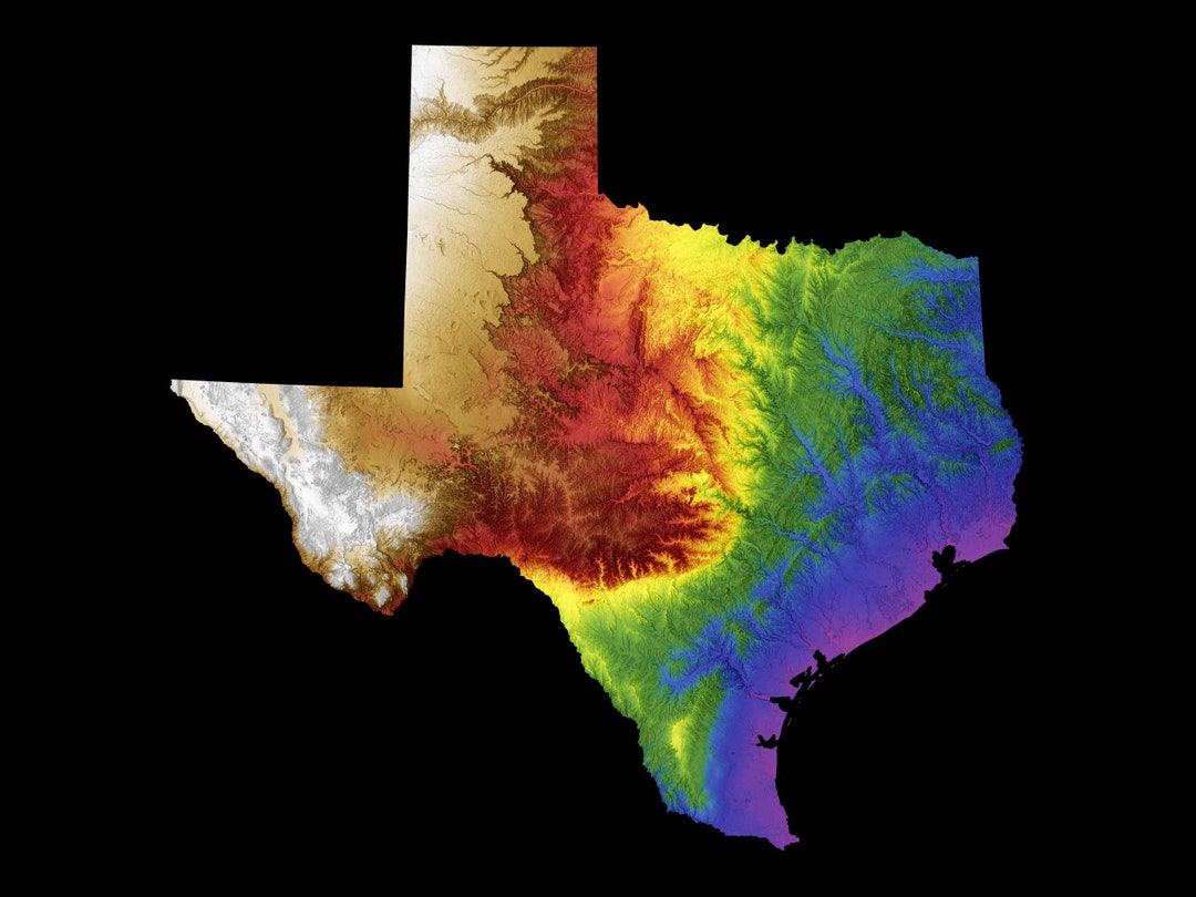 Texas Color Elevation Map Etsy