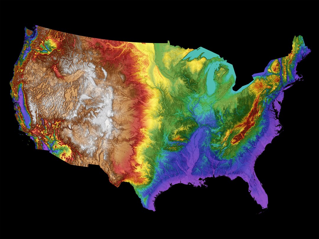 USA Color Elevation Map contiguous States Etsy
