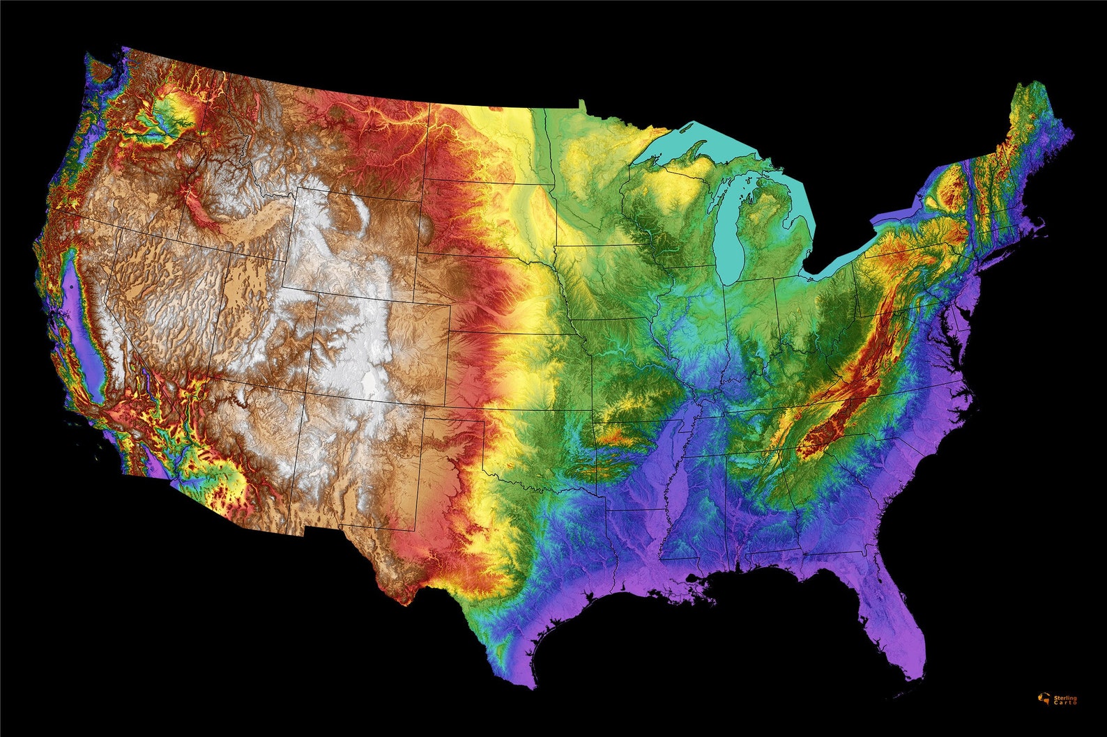 Map Contiguous Colors R USA Color Elevation Map (contiguous States) With State Boundaries - Etsy