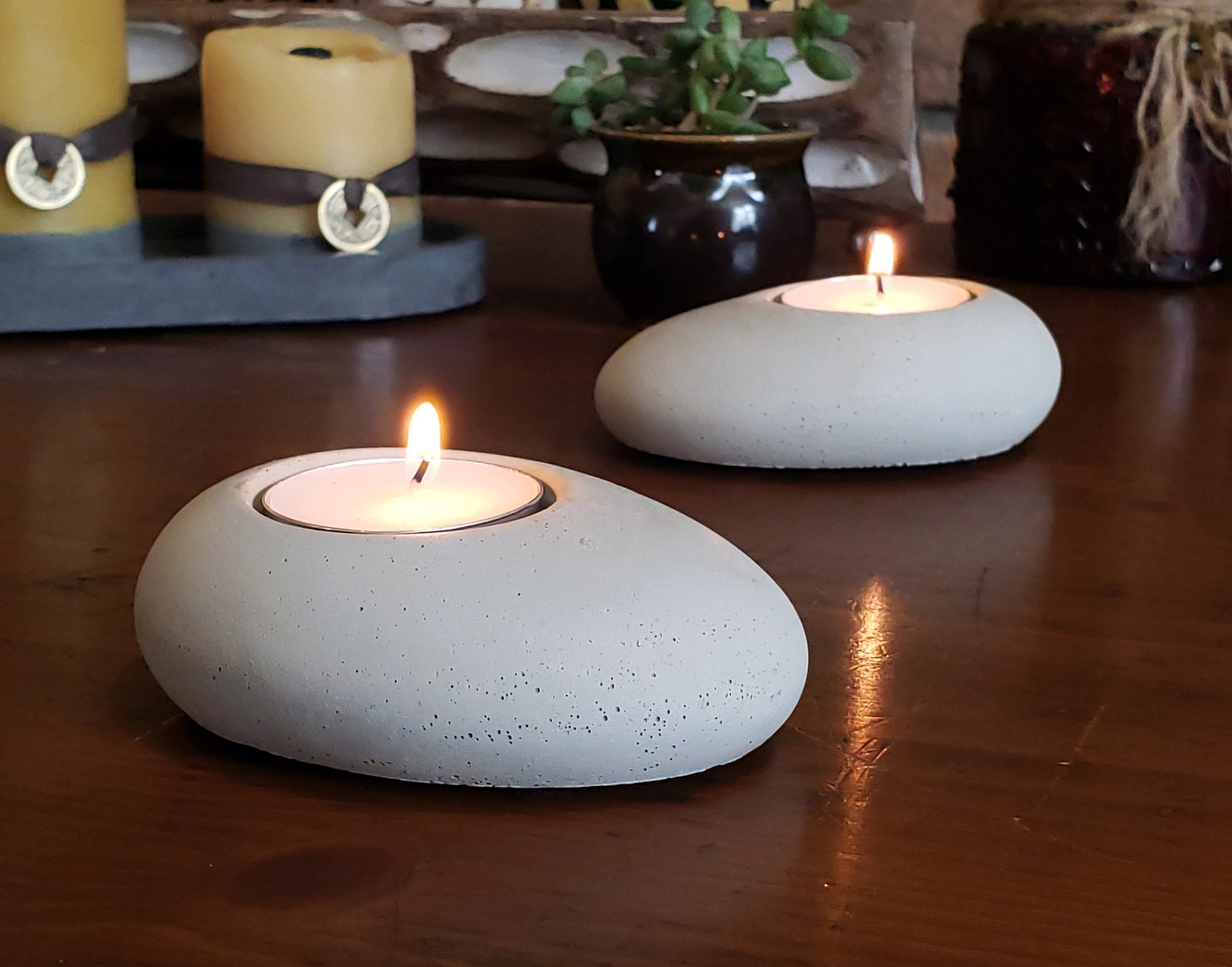 Stone Pebble Candle Holder 2 Pack Tea Light Holder Home Etsy