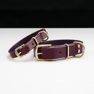 Leather Dog Collar - Eggplant Purple English Bridle Leather (Natural Brass)