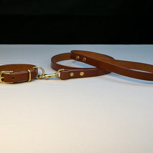 Dog Collar and Lead Combo - Medium Brown English Bridle Leather with Natural Brass Hardware
