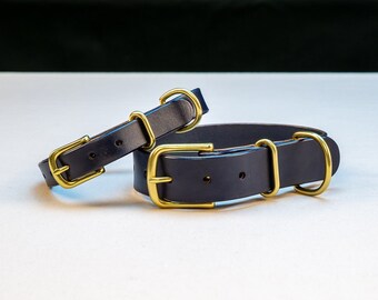 Leather Dog Collar - Navy Blue English Bridle Leather
