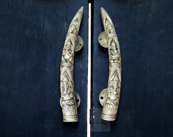 Tusk Style Ganesha Carving Brass Door Handle Pair,Handles for Kitchen, Handles for Cabinets, Handles for Doors,Main Door Handles