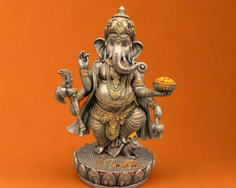 Ganesh Statue, Lord Ganesha Statue, Ganesh for Altar, Hindu Elephant Good Luck God, Standing Ganesha on Mouse, Ganpati statue, Ganesh idol.